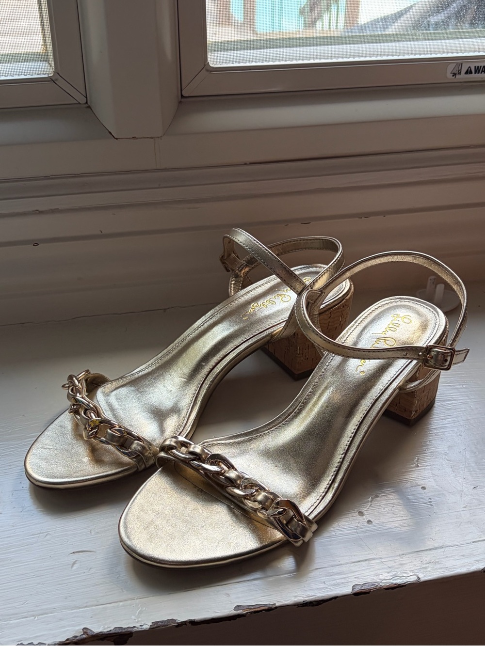Lilly Pulitzer Gold Chain-Accent Block Heel Sandals - Women (Never Worn)